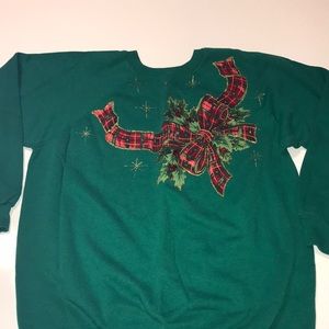 Vintage Hanes Sport Christmas Sweatshirt Size XL Handmade Ribbon Bow Holly
